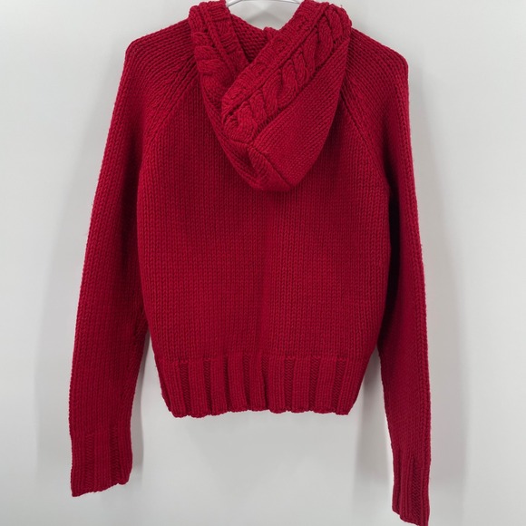 Vtg Eddie Bauer Women's Red Cable Knit Wool Blend Hooded Full Zip Sweater Size S - Picture 2 of 6